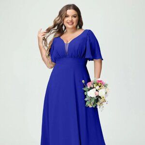 A-Line V-Neck Half Sleeves Chiffon Dresses Size 32W Royal Blue